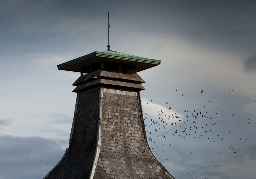 Een schoorsteen in pagodestijl staat tegen een blauwe lucht met witte wolken, met een zwerm vogels erachter.