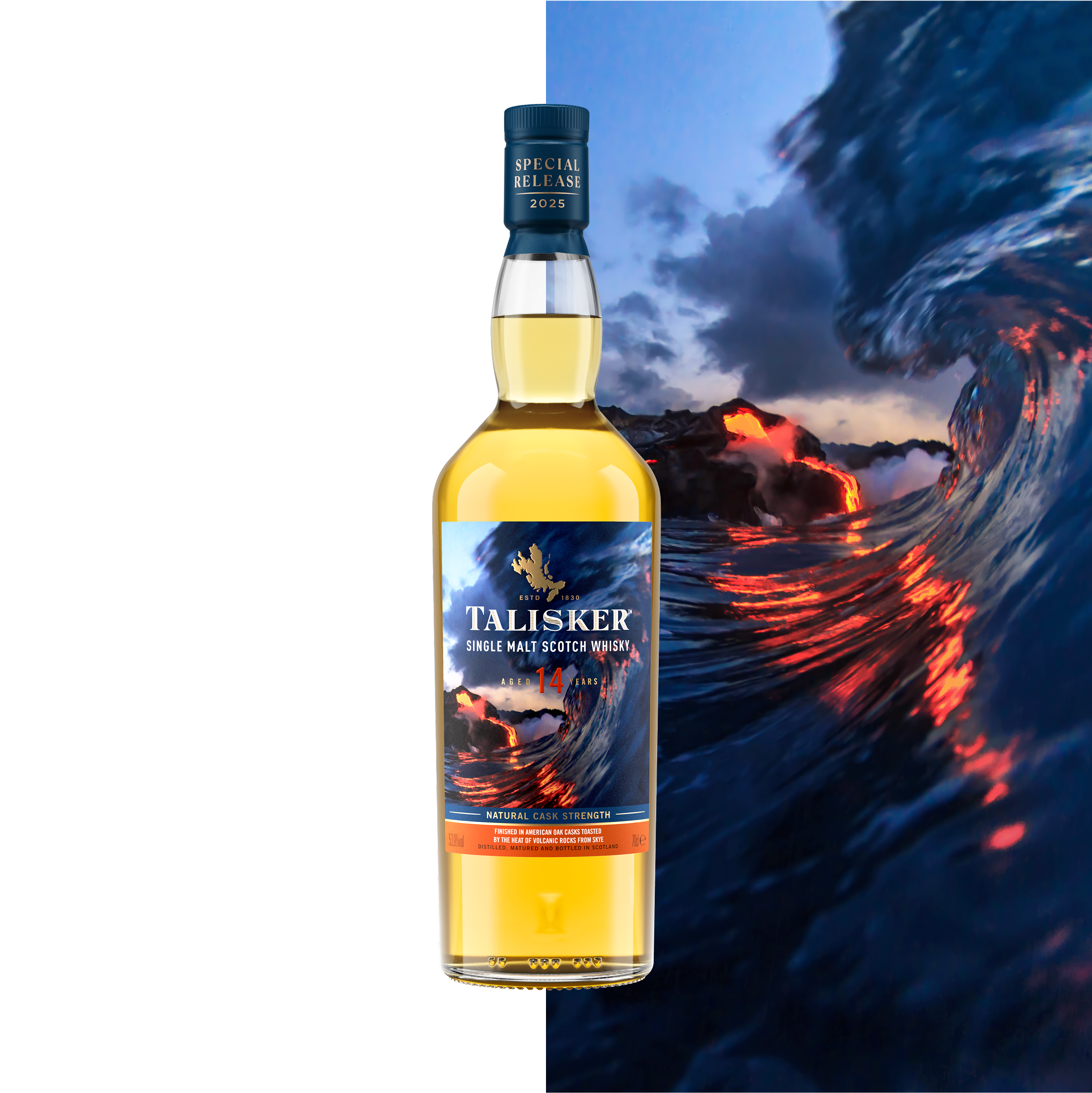 Talisker Molten Seas fles met vulkaanvuur en afbeeldingen van de zee