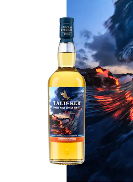 Talisker Molten Seas bottle with volcanic fire and sea imagery