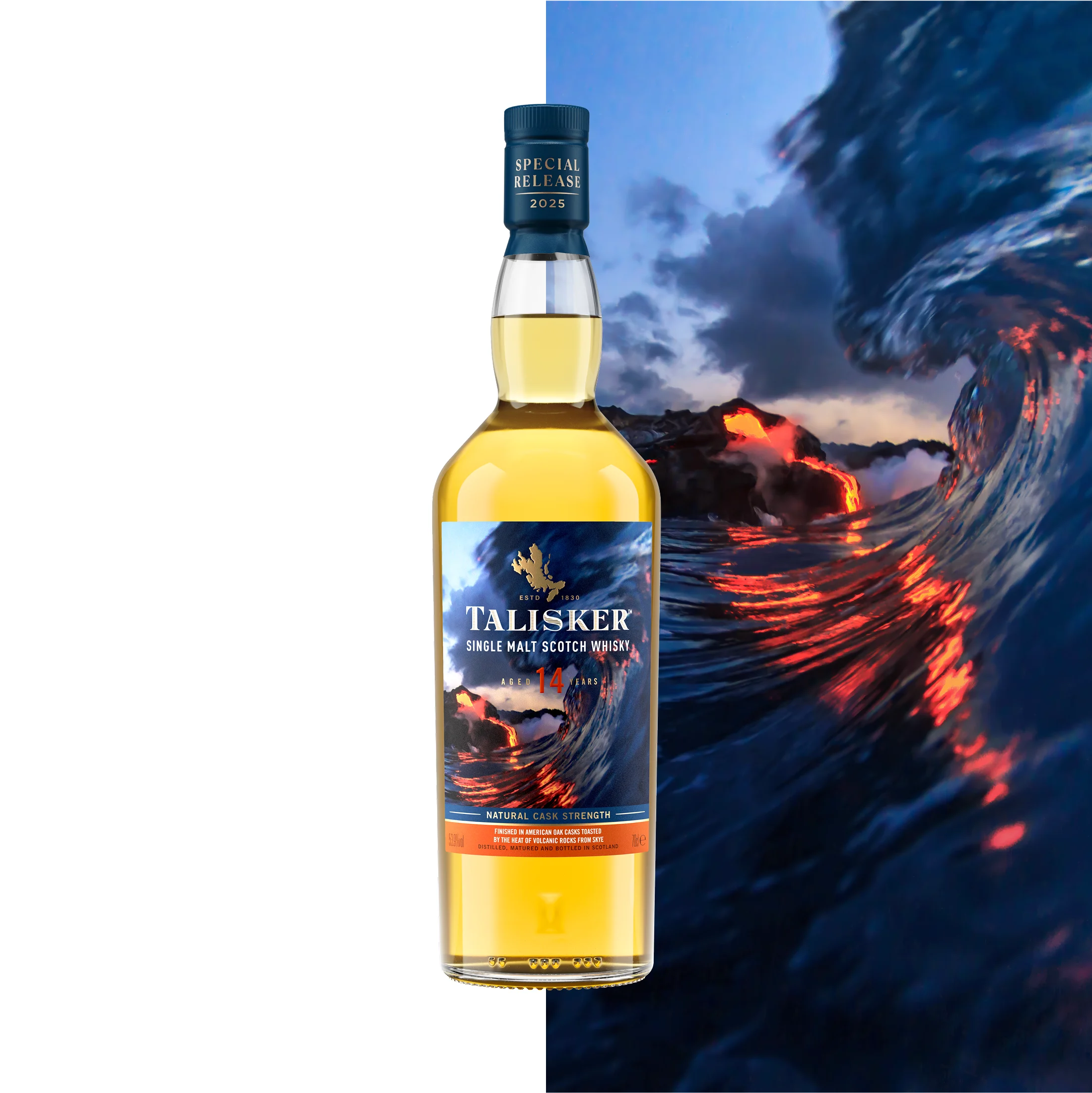 Talisker Molten Seas bottle with volcanic fire and sea imagery