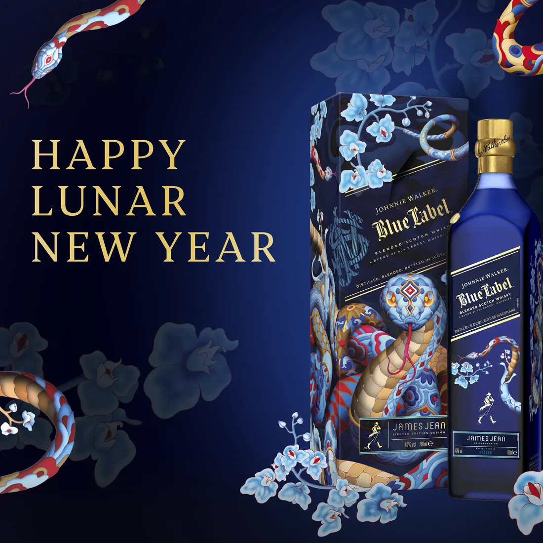Een promotionele banner voor Lunar New Year met de Johnnie Walker Blue Label fles en geschenkverpakking, met "Happy Lunar New Year" geschreven in gouden tekst.