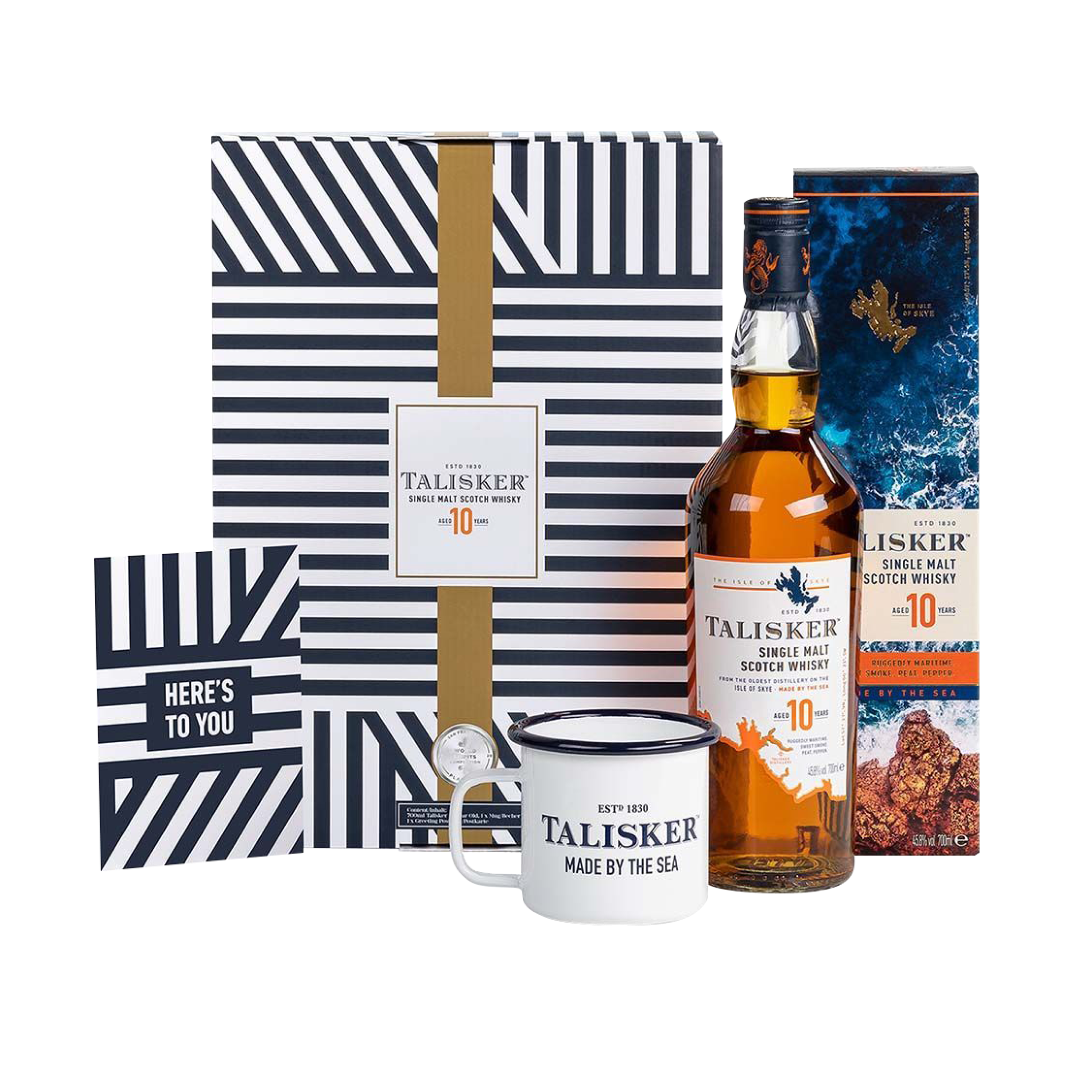 Talisker 10 Year Old Single Malt Scotch Whisky 70cl in High Quality Gift Set With Enamel Cup & Greeting Card