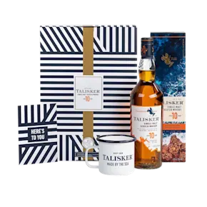 Talisker 10 Year Old Single Malt Scotch Whisky 70cl in High Quality Gift Set With Enamel Cup & Greeting Card