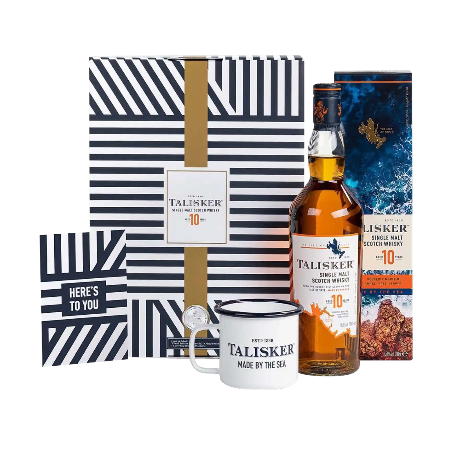 Talisker 10 Year Old Single Malt Scotch Whisky 70cl in hochwertigem Geschenkset mit Emaille-Tasse & Grußkarte