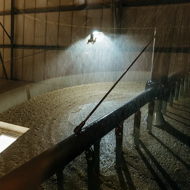 Ein großes Fass mit Gerste wird von oben mit Flüssigkeit besprüht.