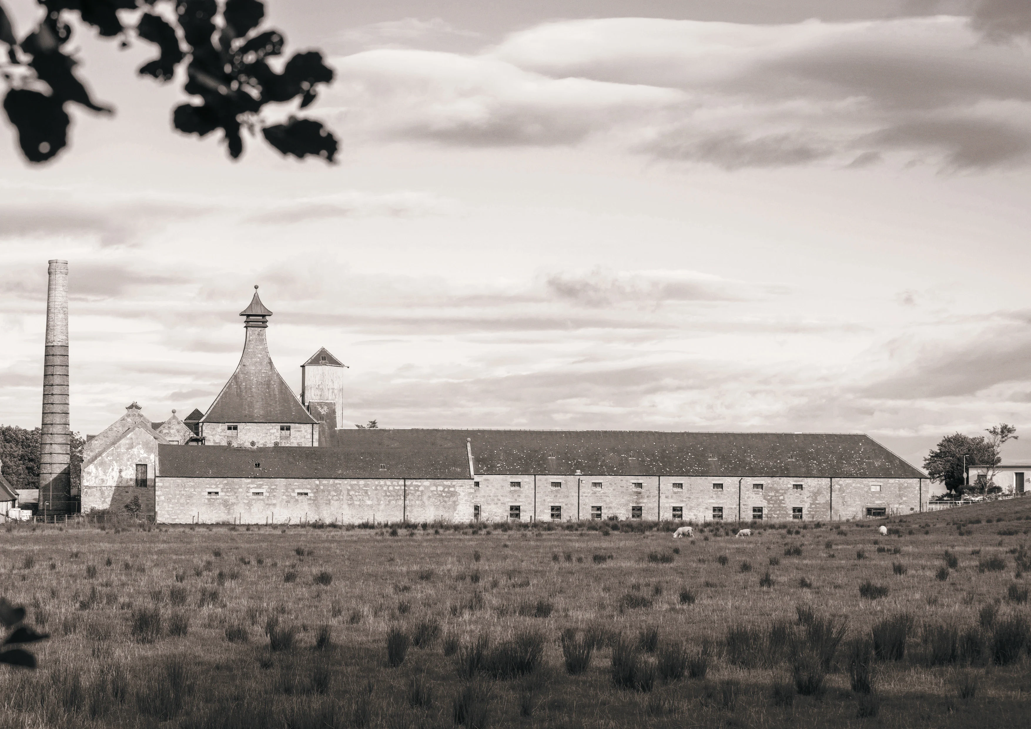 A black and white photo of the original Brora distillery