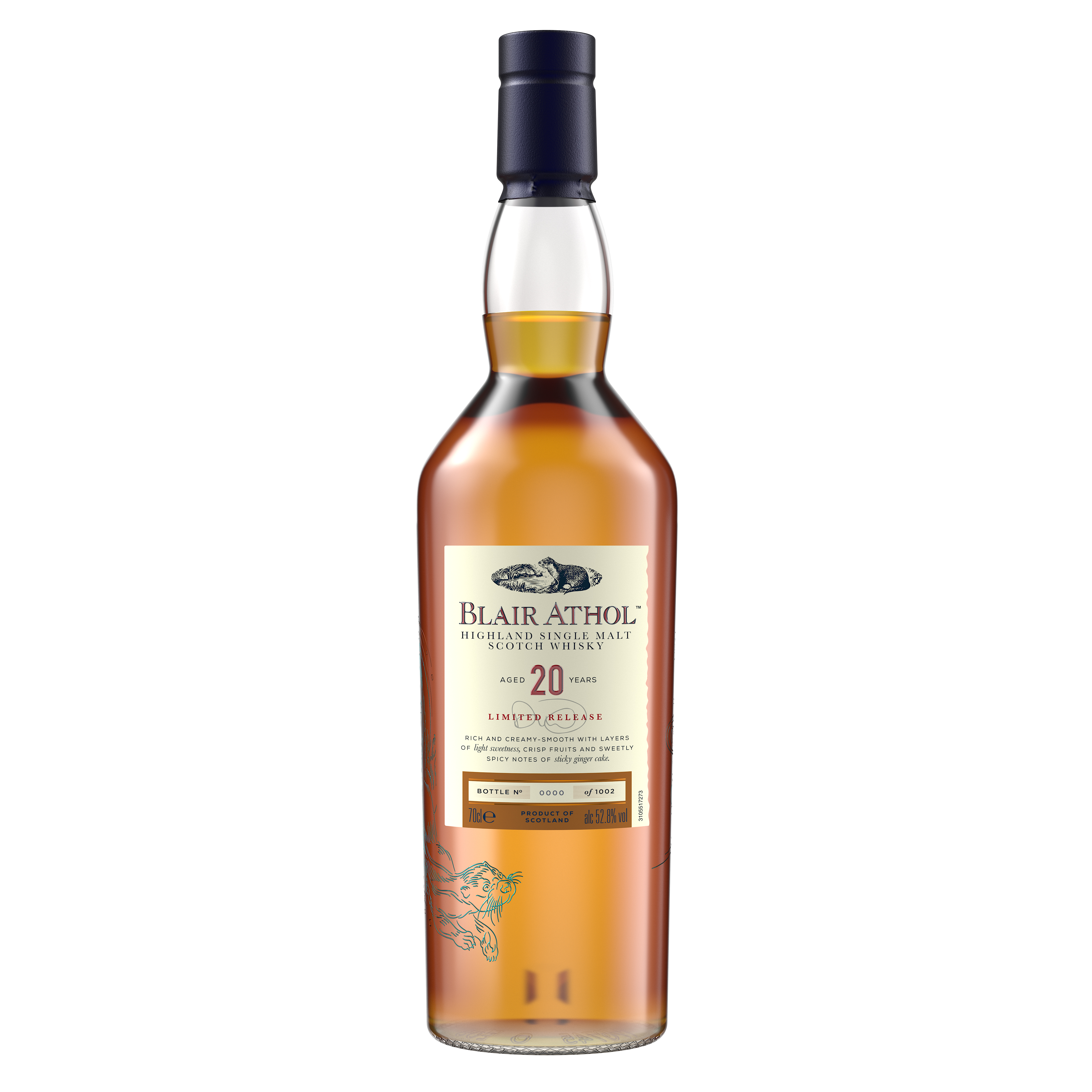 Nahaufnahme des Blair Athol 20 Jahre Whisky-Etiketts mit feinem Druck und individueller Flaschennummer.