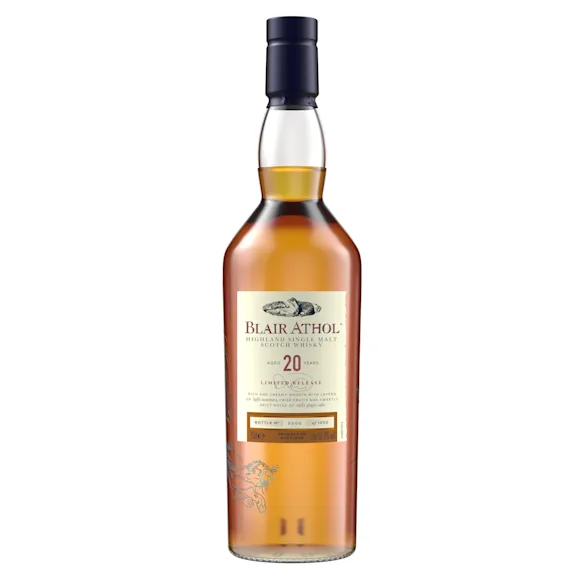 Close-up of Blair Athol 20 Year Old whisky bottle label showing fine print and unique bottle number.