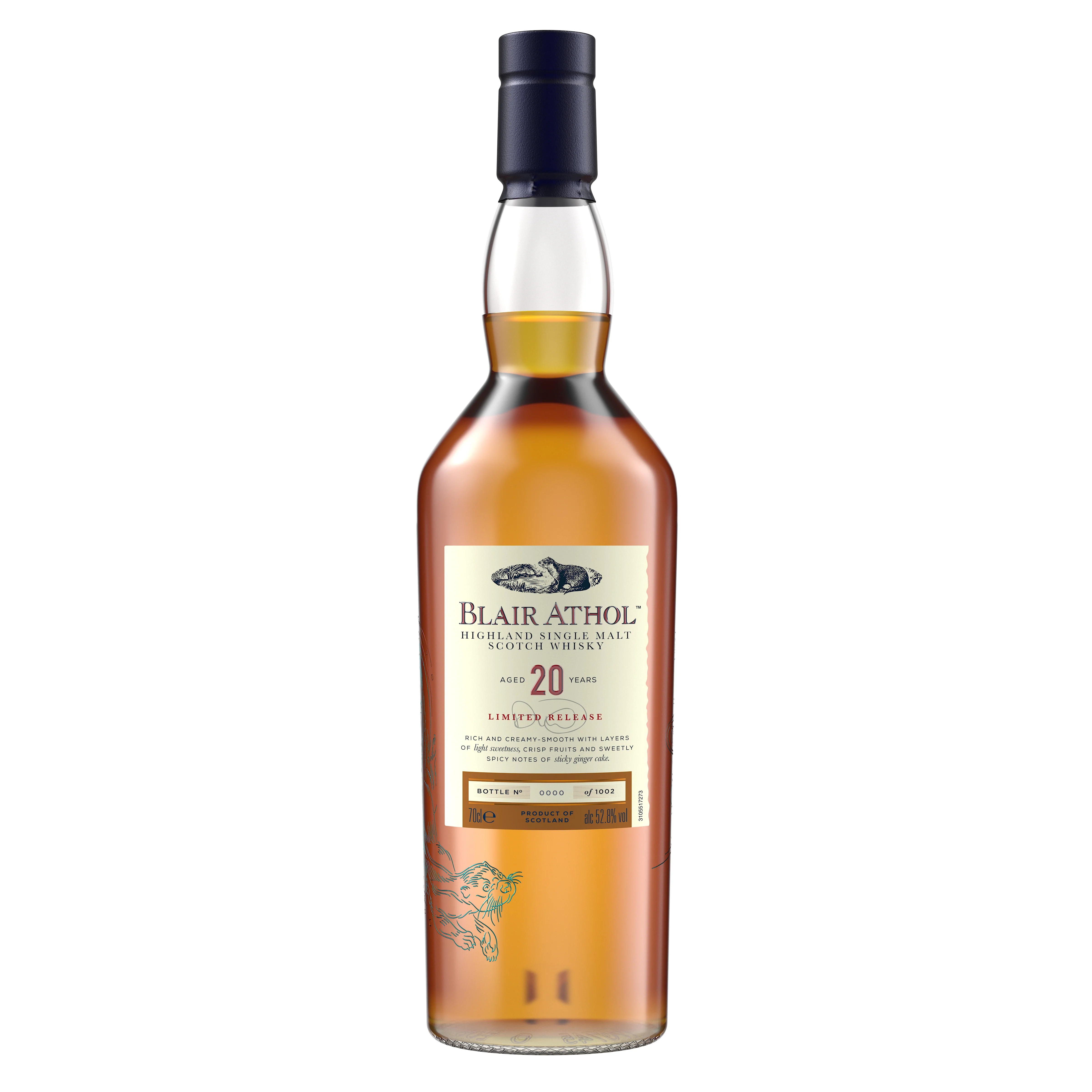 Nahaufnahme des Blair Athol 20 Jahre Whisky-Etiketts mit feinem Druck und individueller Flaschennummer.