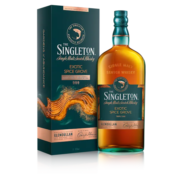 The front of a bottle of The Singleton Gardens of Abundance Collection – Exotic Spice Grove single malt Scotch whisky