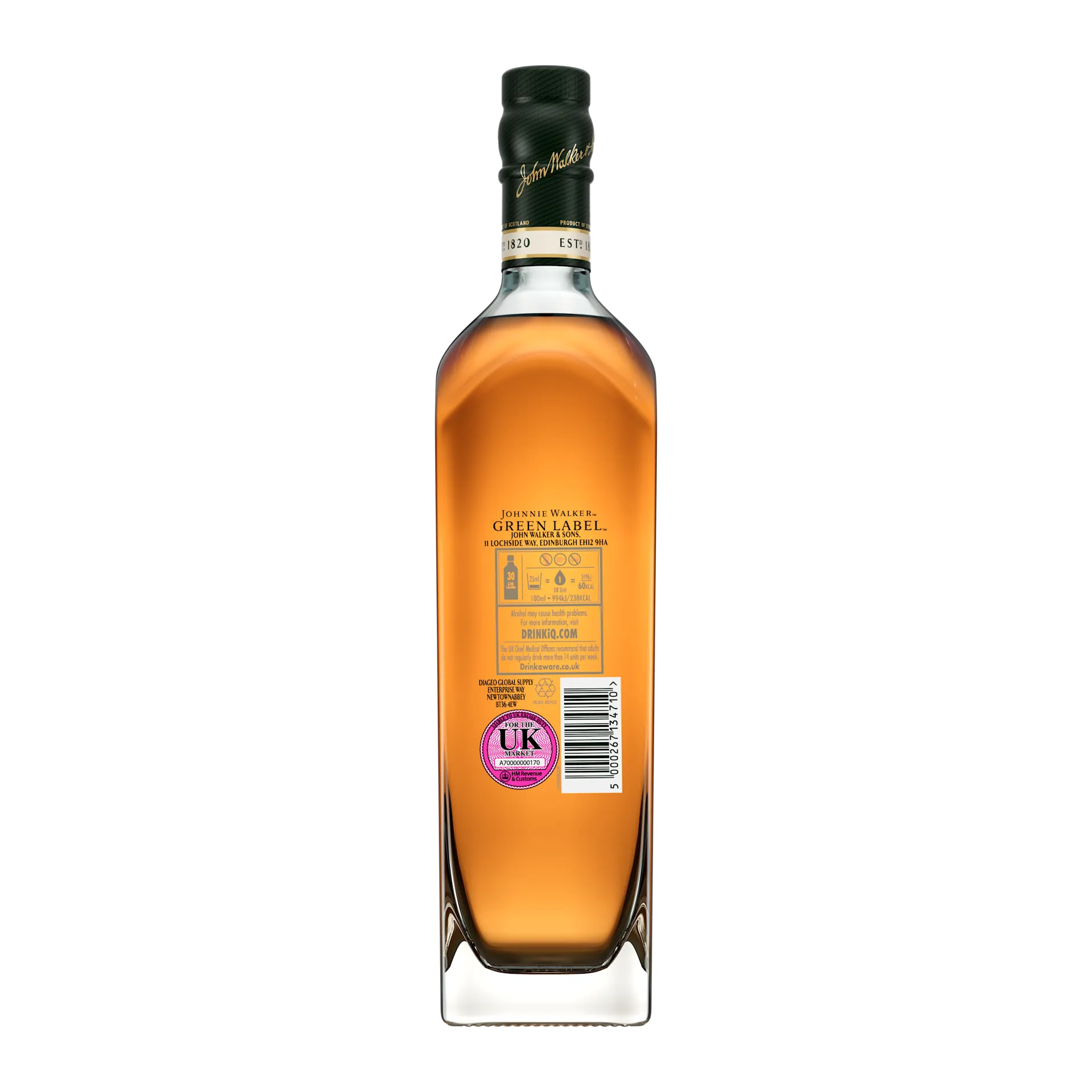 Johnnie Walker Green Label 15 Year Old Blended Scotch Whisky, 70cl - Back of Bottle