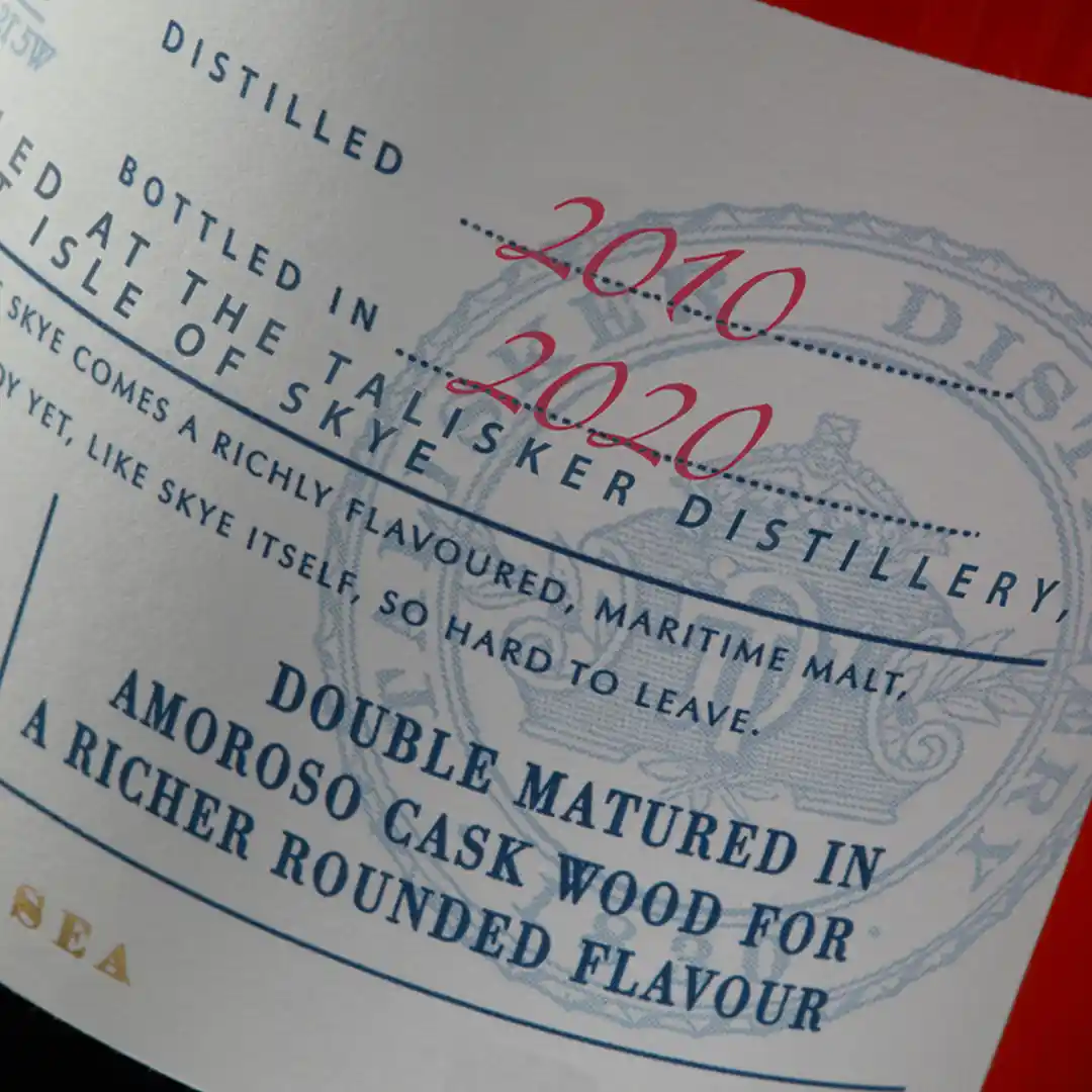 A close up of the label of a bottle of Talisker whisky