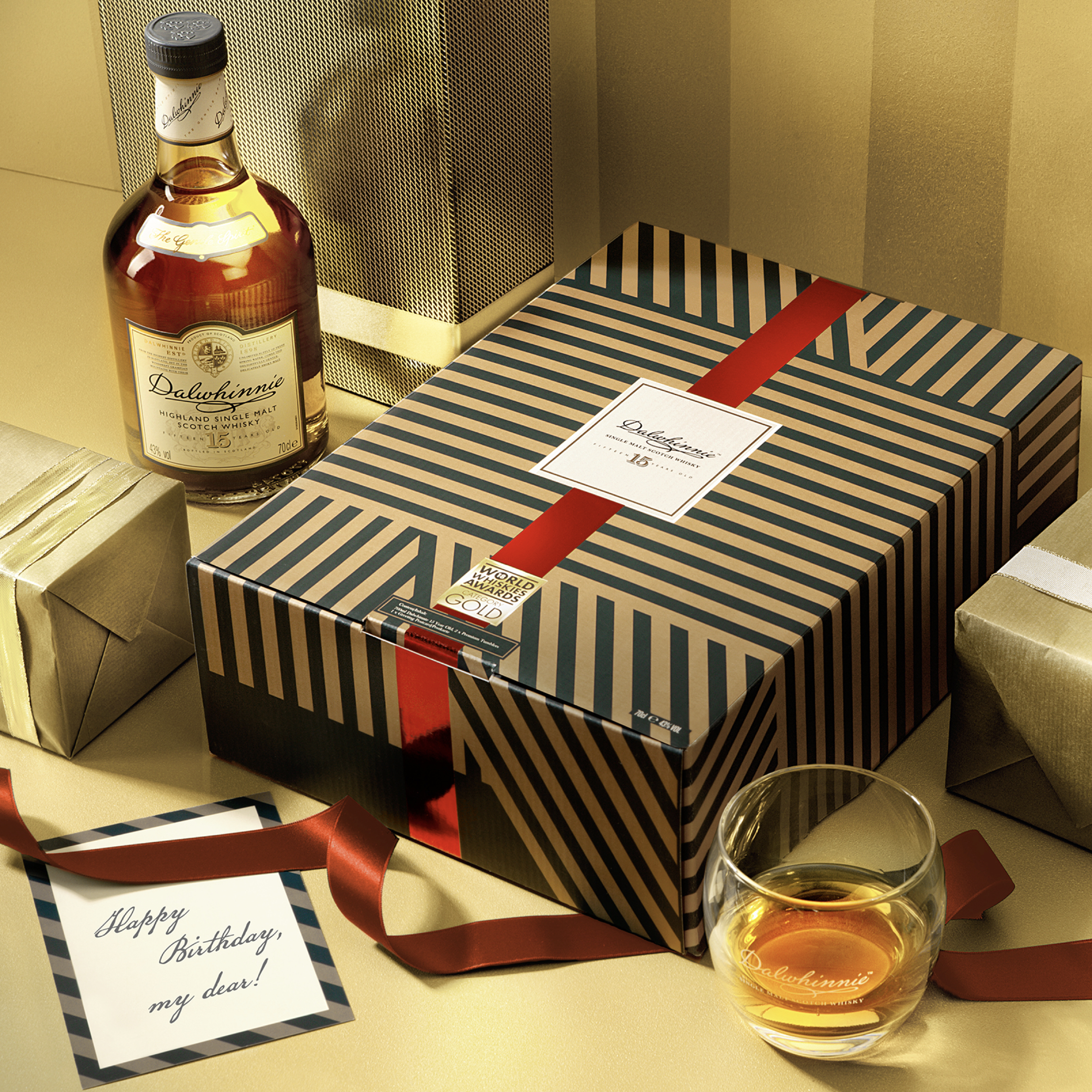 Dalwhinnie 15 Jaar Oude Single Malt Scotch whisky 70 cl in een Hoogwaardige Geschenkset met Glas & Wenskaart