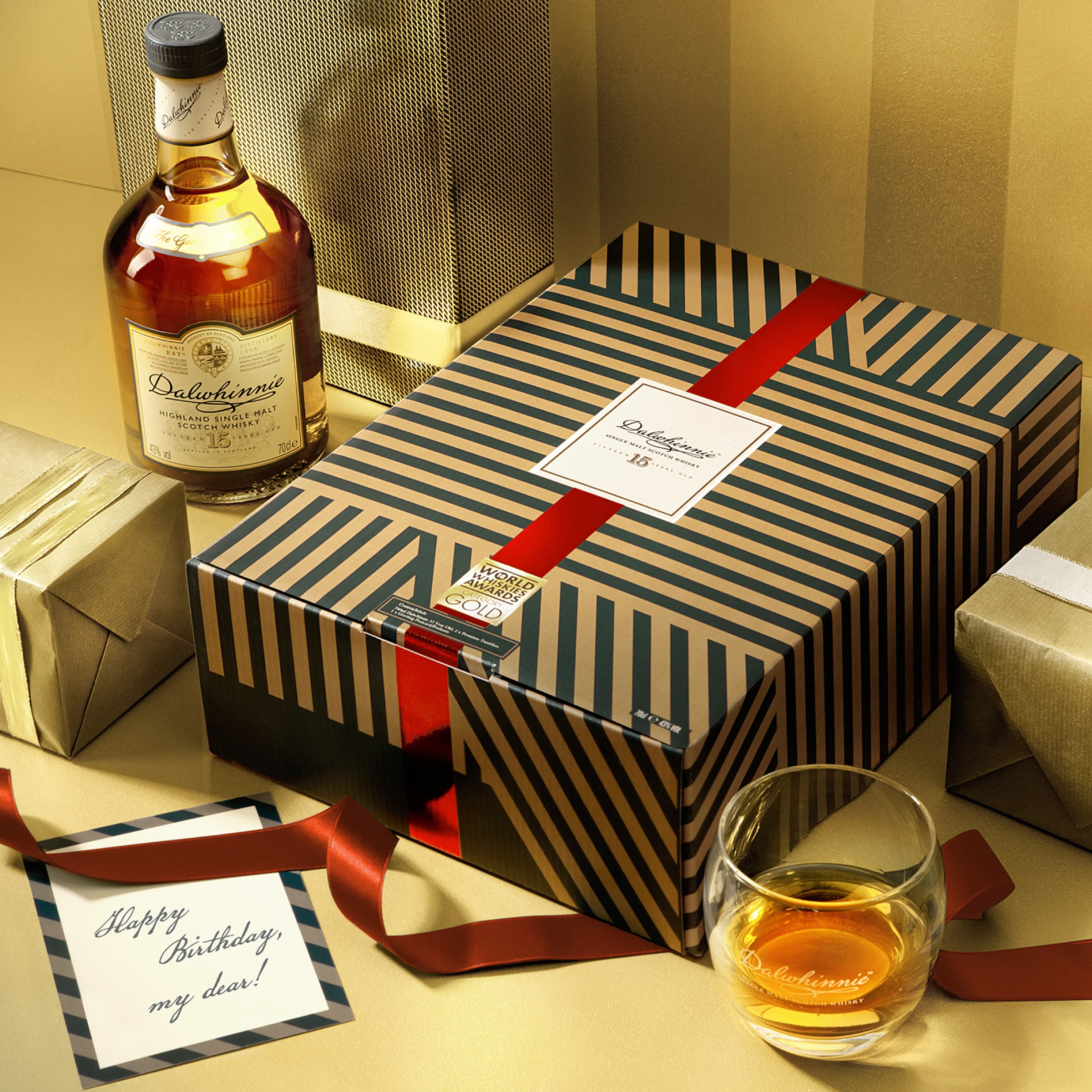 Dalwhinnie 15 Jaar Oude Single Malt Scotch whisky 70 cl in een Hoogwaardige Geschenkset met Glas & Wenskaart