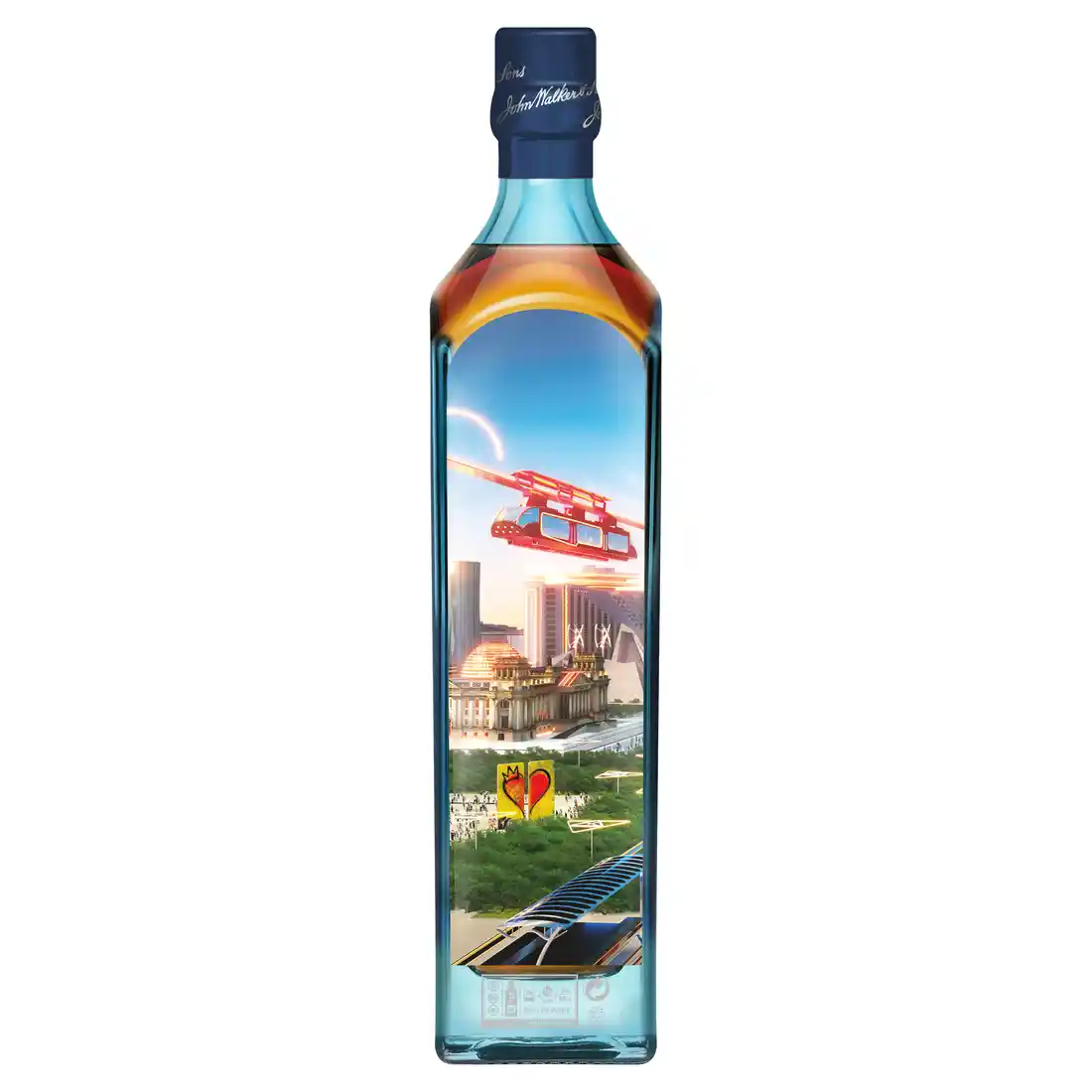 A bottle of Johnnie Walker Blue Label with a futuristic Berlin 2220 design.