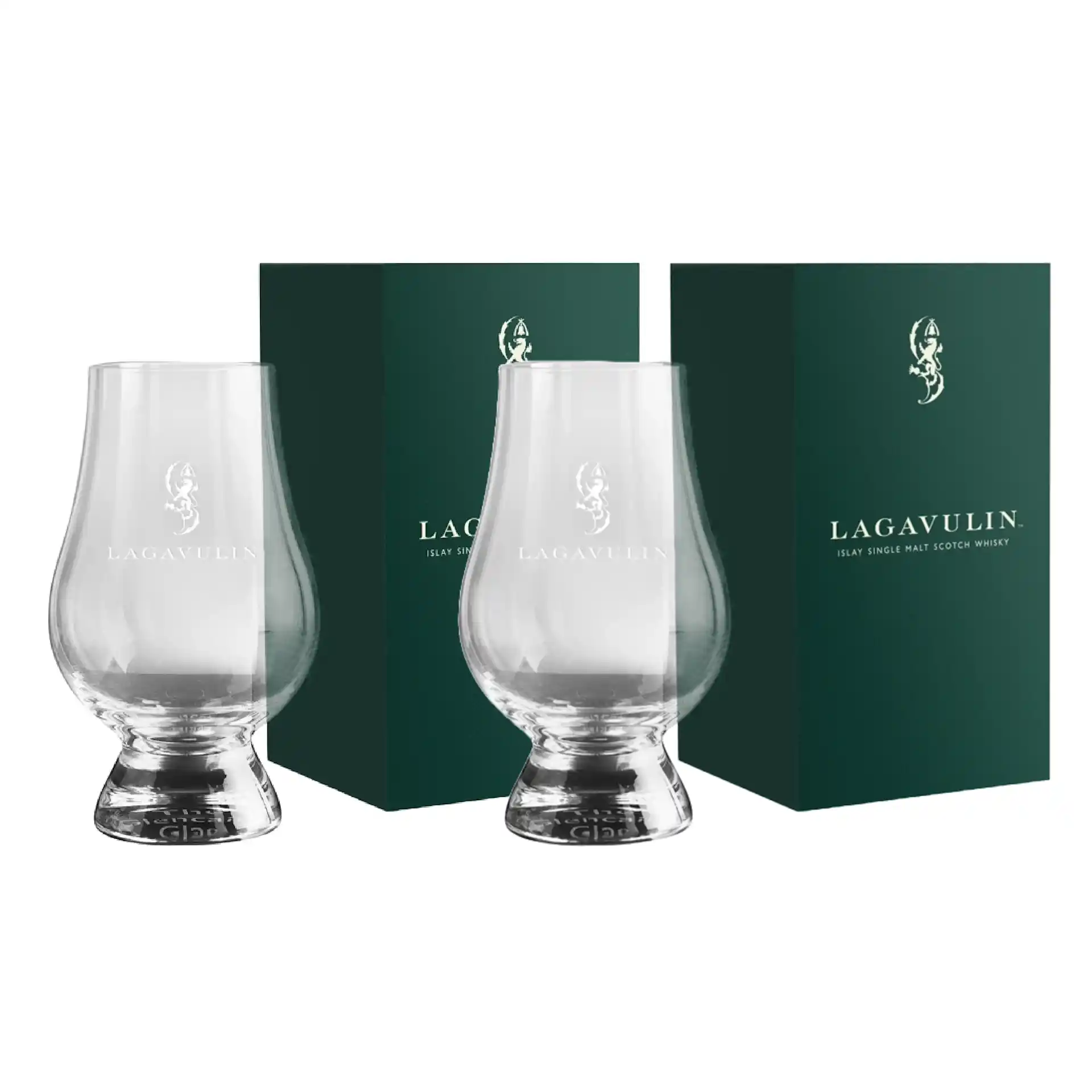 Two glencairn glasses with the Lagavulin logo.