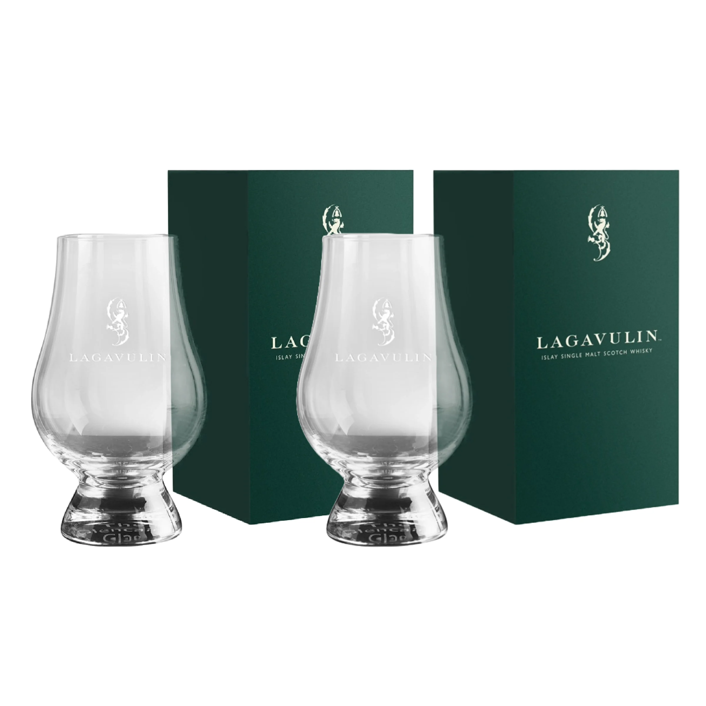 Twee glencairn glazen met het Lagavulin logo.