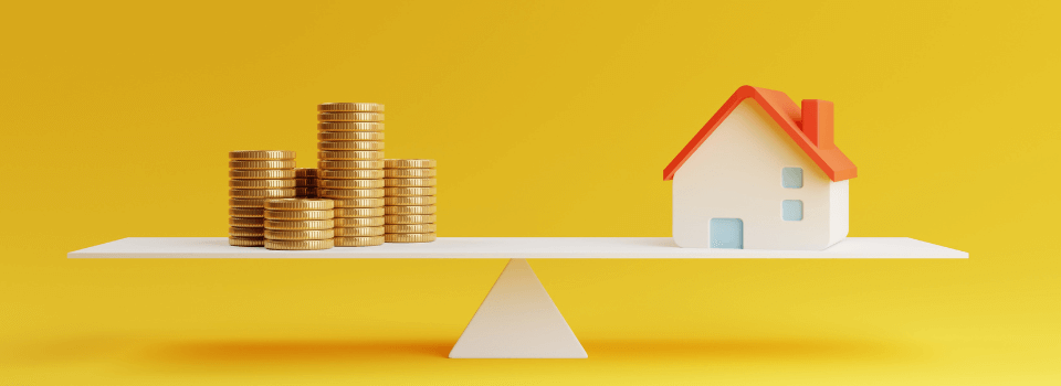 House and coin on balancing scale on yellow background