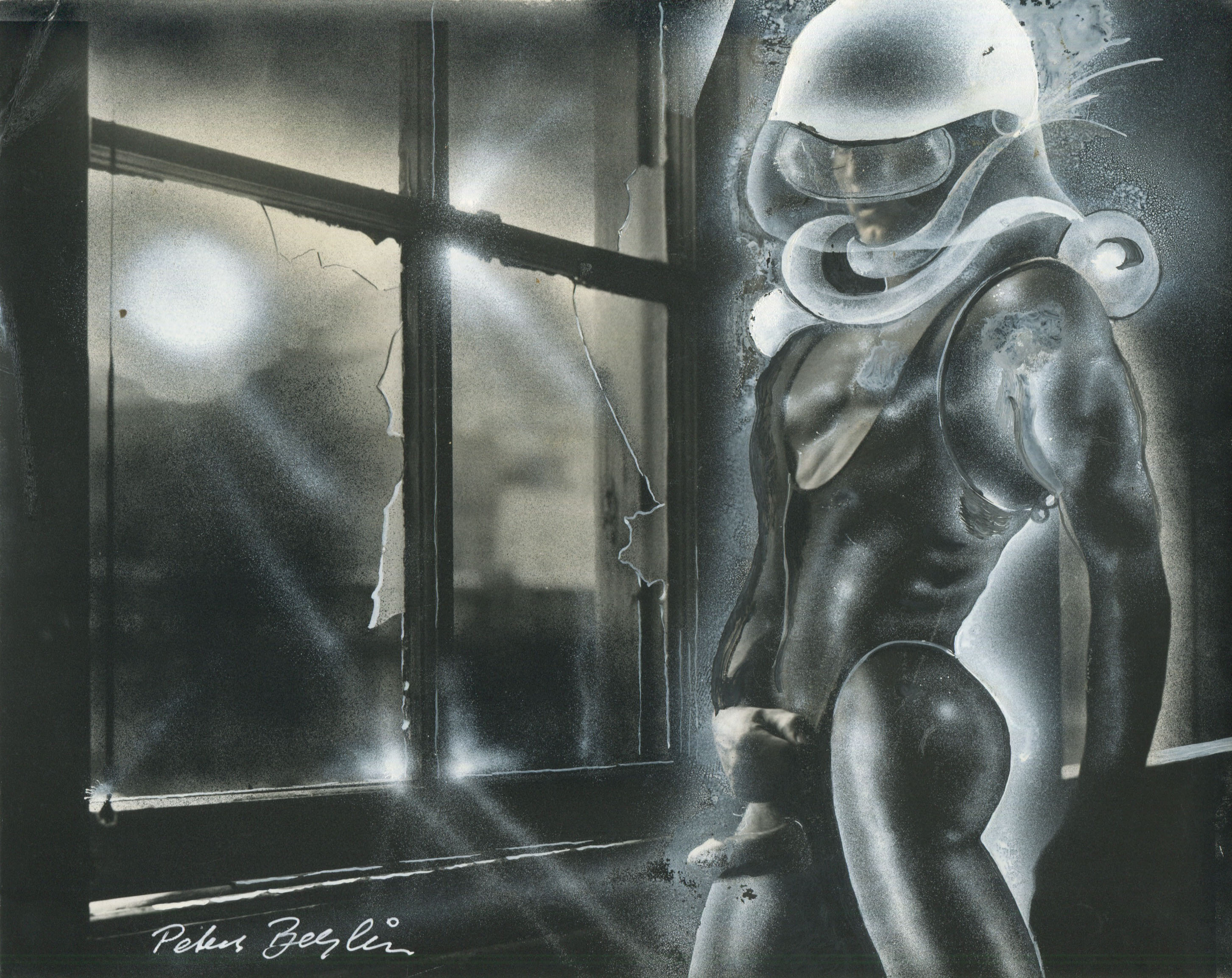 Berlin Self Portrait in Helmet by Broken Window