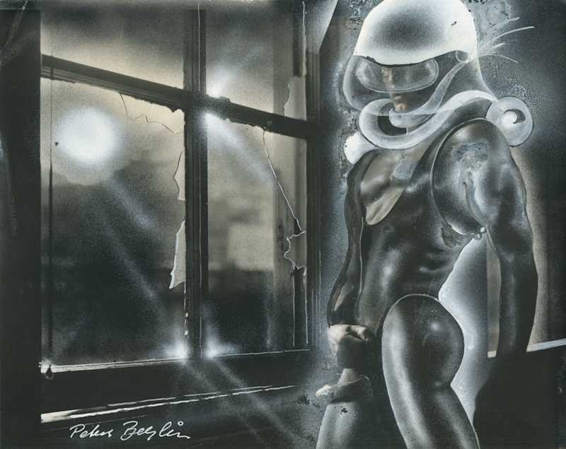 Berlin Self Portrait in Helmet by Broken Window