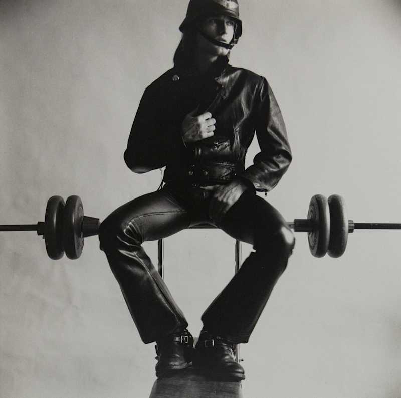 Berlin Self Portrait in Black Leather on Weight Bench