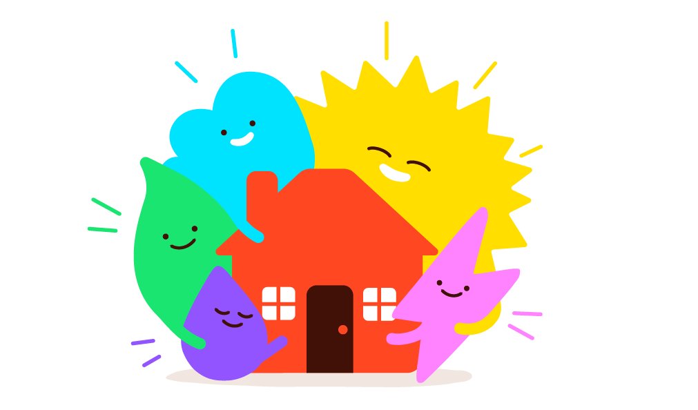Gas, flash, sun, leaf and cloud hugging house.