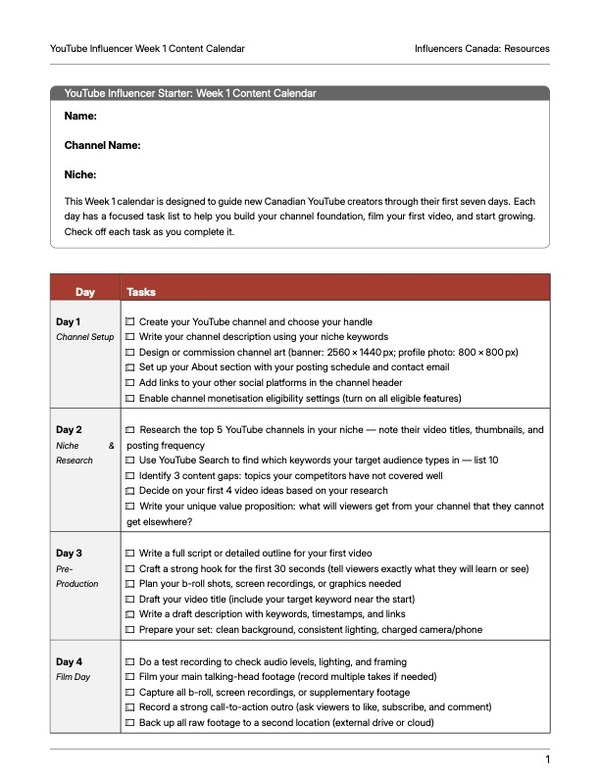 「YouTube Influencer Week 1 Content Calendar」预览图