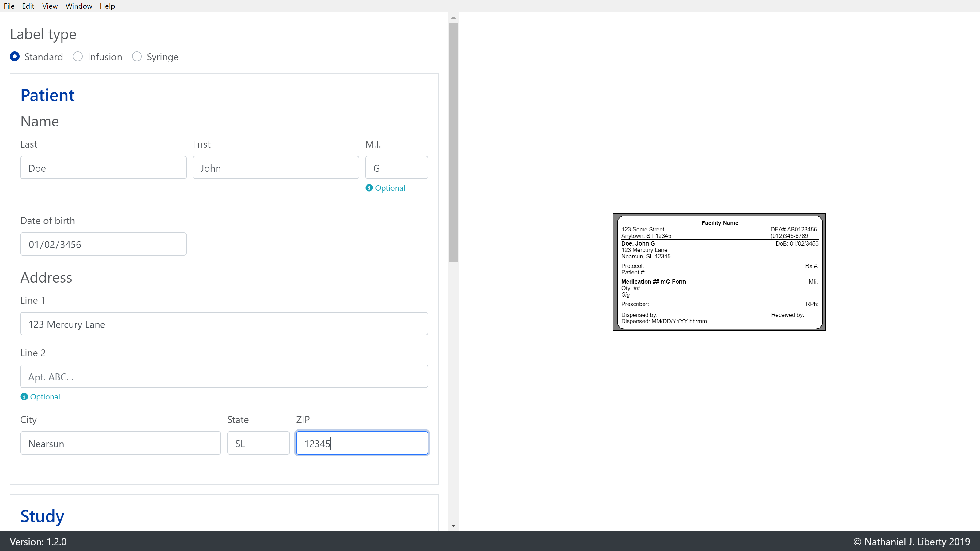 The main view of the Study Drug Label Maker, showing a label preview and form for data entry.