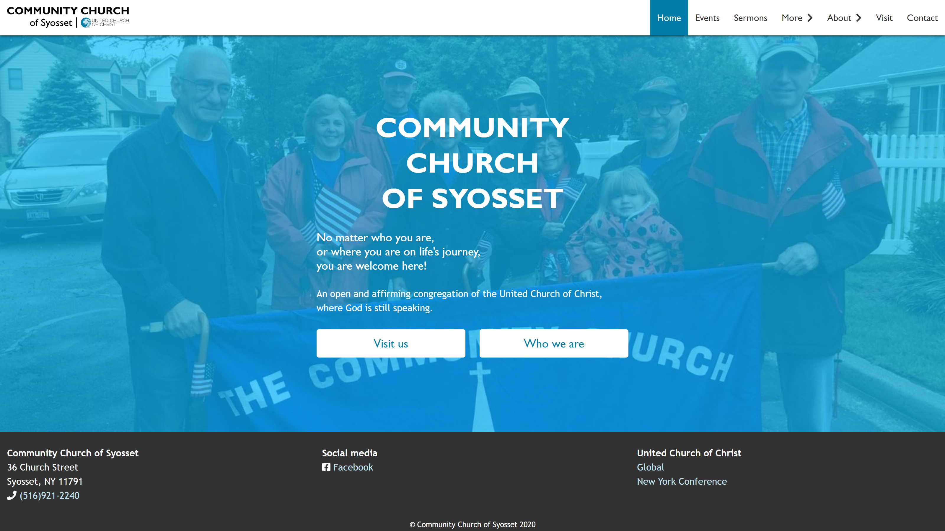 The homepage of uccsyosset.org, featuring an image of members of the church carrying a parade banner.