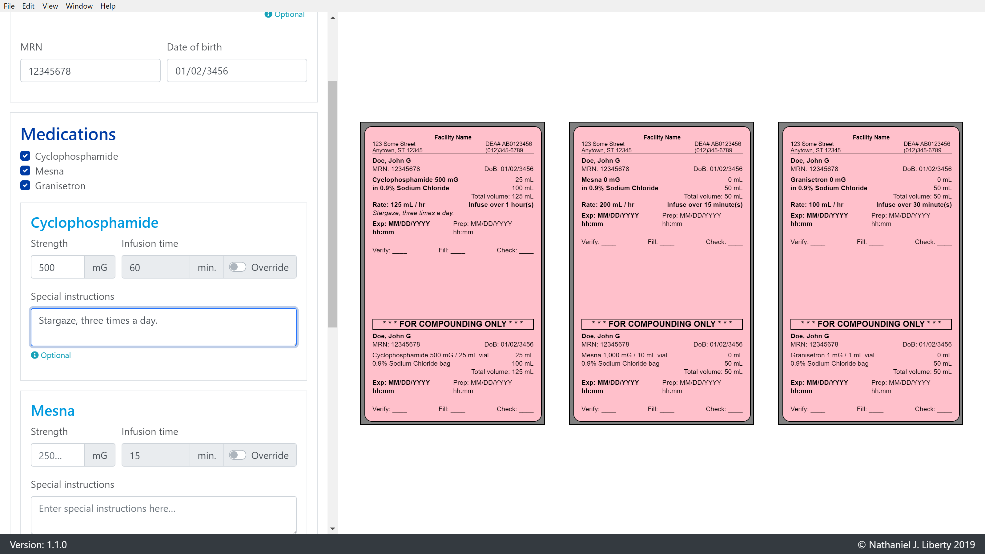 The main view of the Cytoxan Label Maker, showing label previews and forms for data entry.