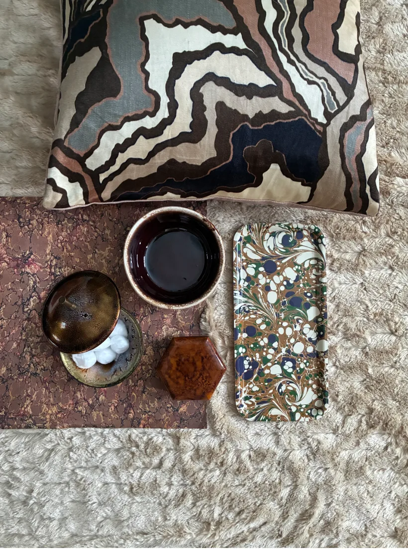 flat lay with pillow and storage