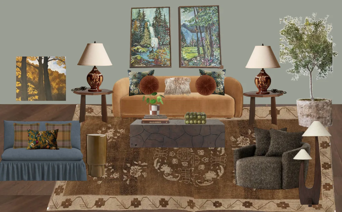Cozy vacation rental great room with a curved sofa, bouclé swivel chair and vintage rug