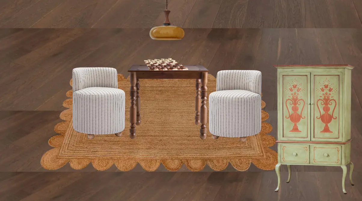 Game table with striped chairs on a scalloped jute rug beside a hand-painted vintage hutch for board games