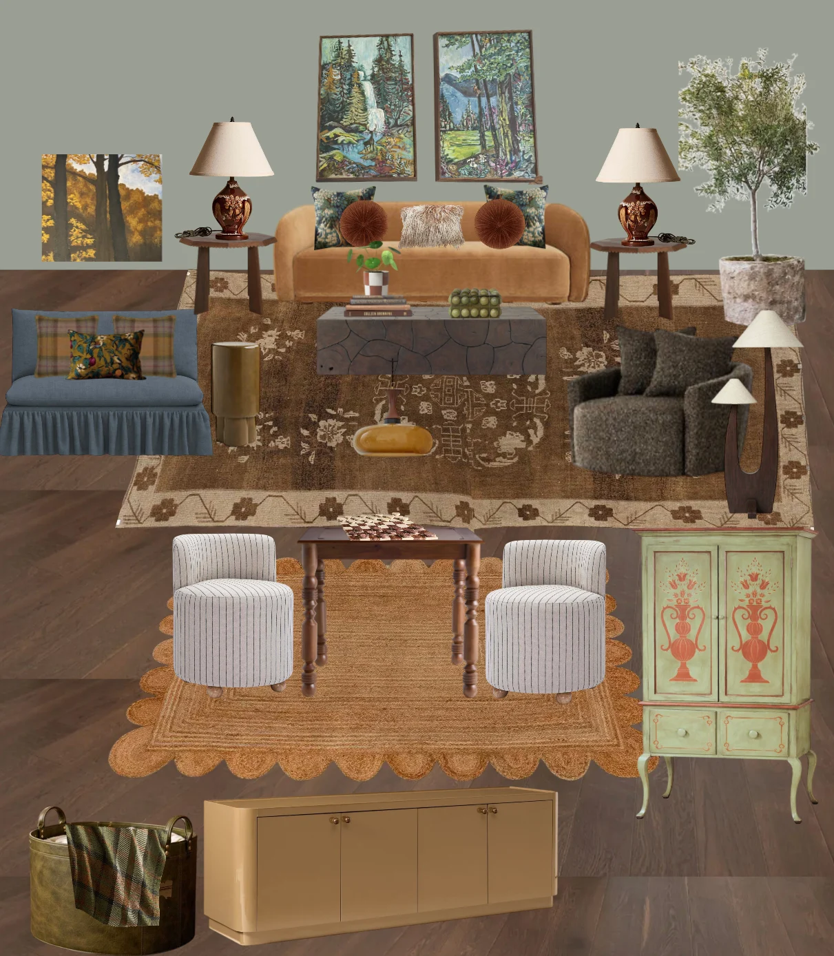 Modern cabin great room mood board for a vacation rental, with a camel curved sofa, blue skirted settee, game table and hand-painted vintage hutch