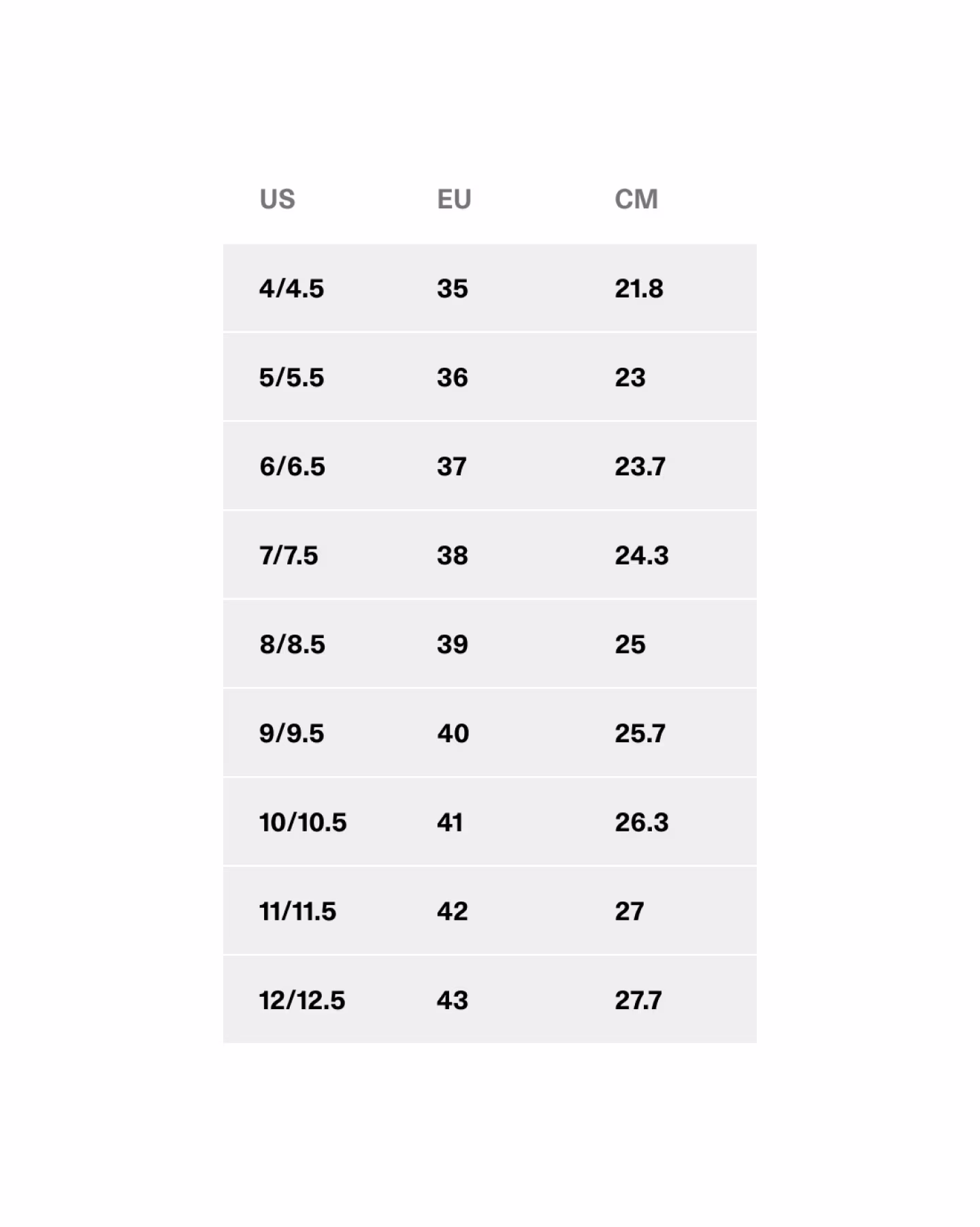 Mens Size Guide Table 