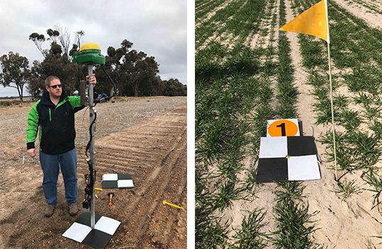 Two images, showing the placement a ground control point in a bare field, and a ground control point once crops have sprouted.