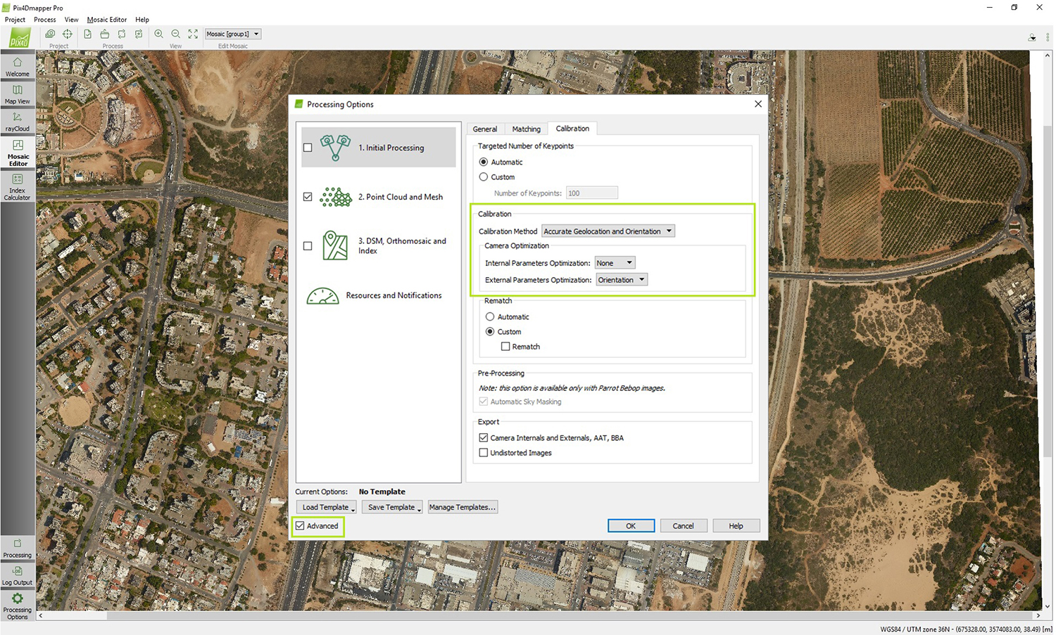 Screenshot of advanced settings in Pix4Dmapper