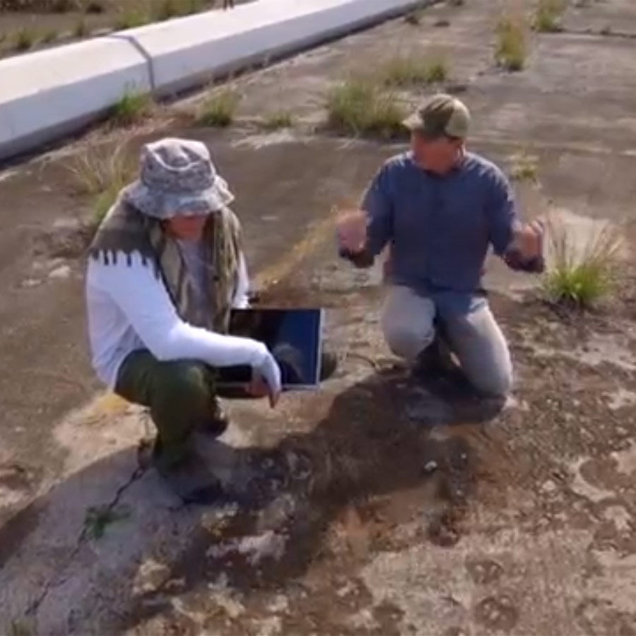 scientists examining the footprint of a burned aircraft