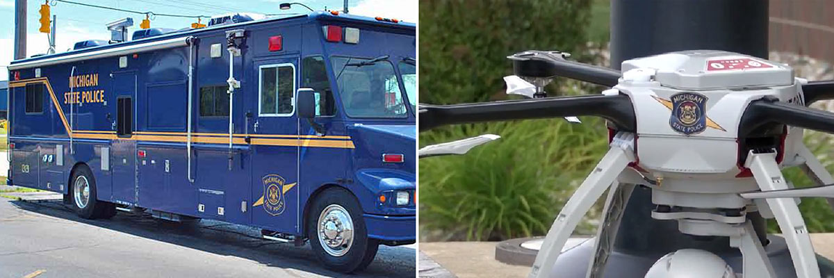 The MSP mobile command center truck and the Aeryon Skyranger drone that are used for surveillance