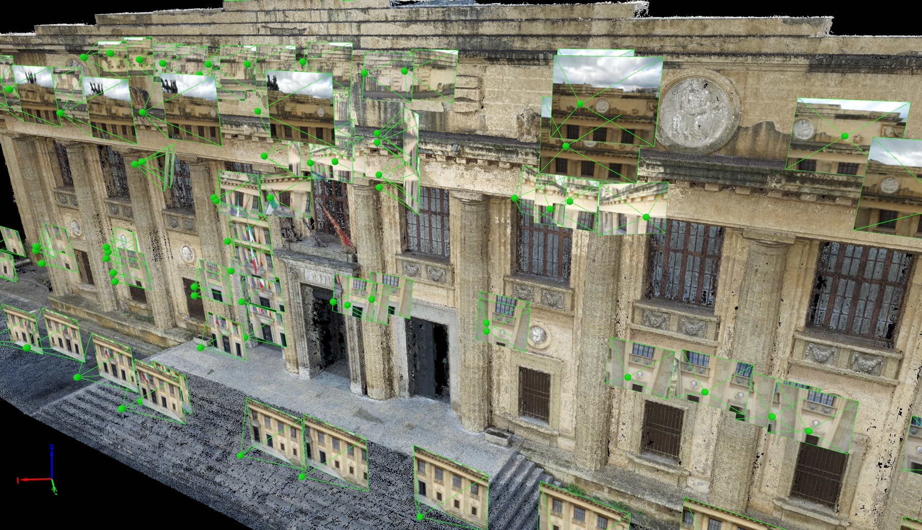 Camera positions and 3D point cloud of the main facade in Pix4Dmapper rayCloud