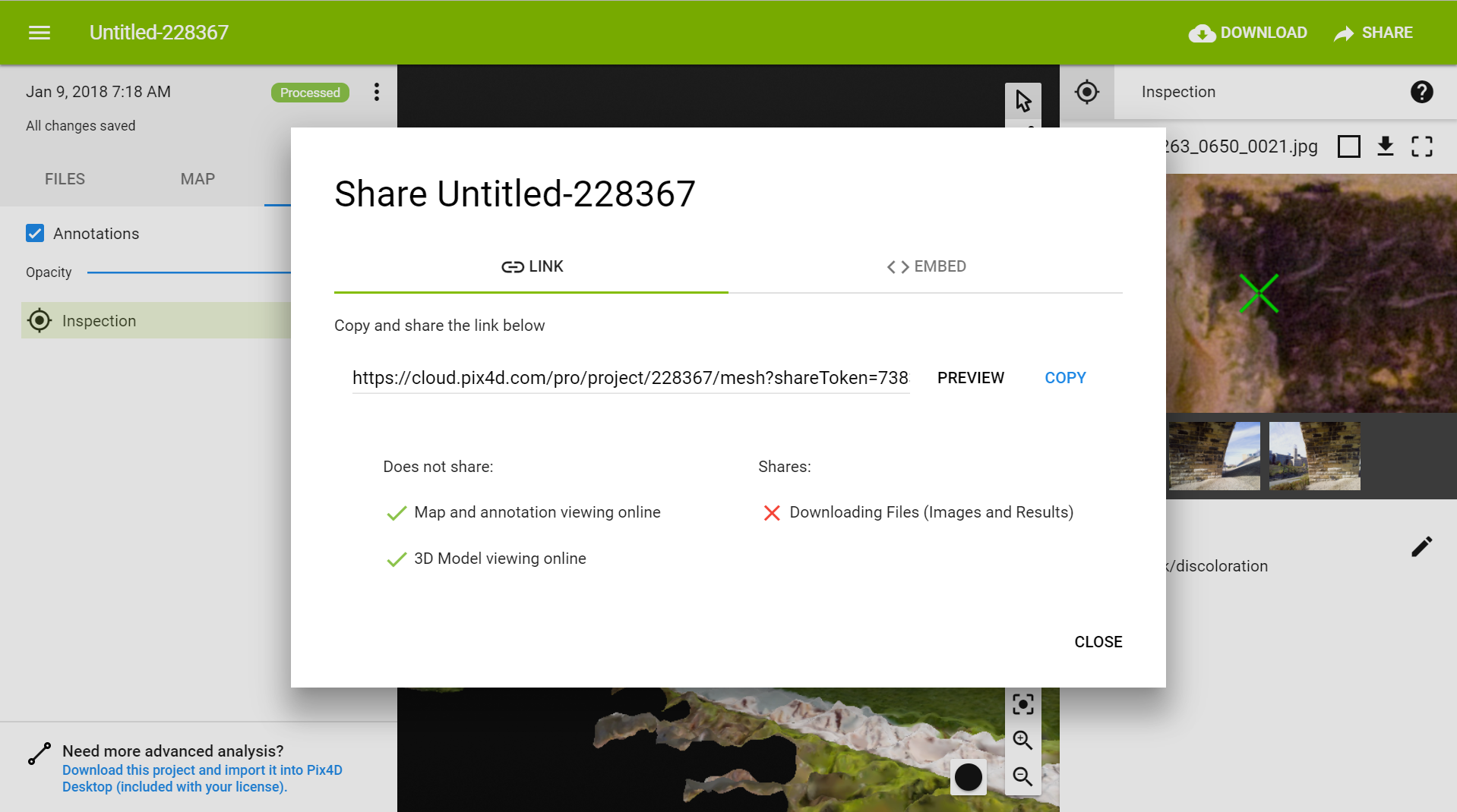 Screenshot showing how to share the annotated project