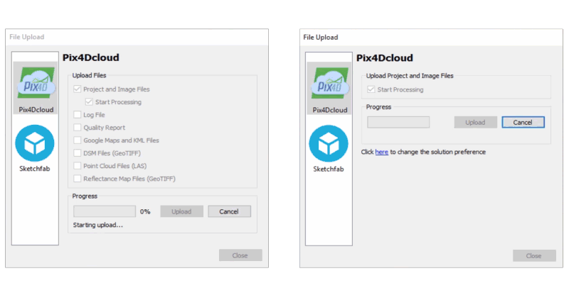 Gif comparing the new Pix4D high-speed uploader to the older version. The new version completes the upload in 10% of the time.