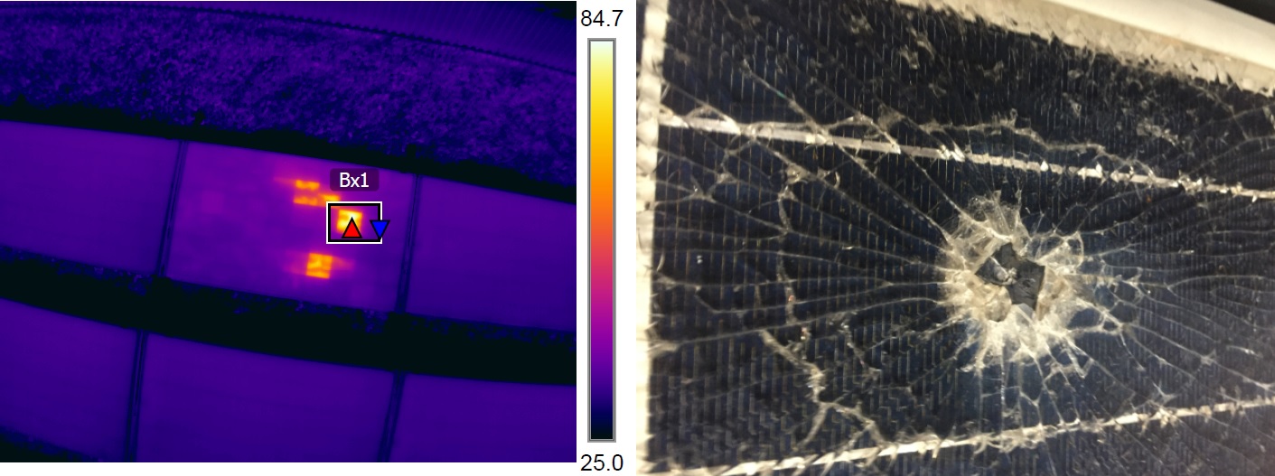 hotspot appearing on thermal images and the physical damage on the glass