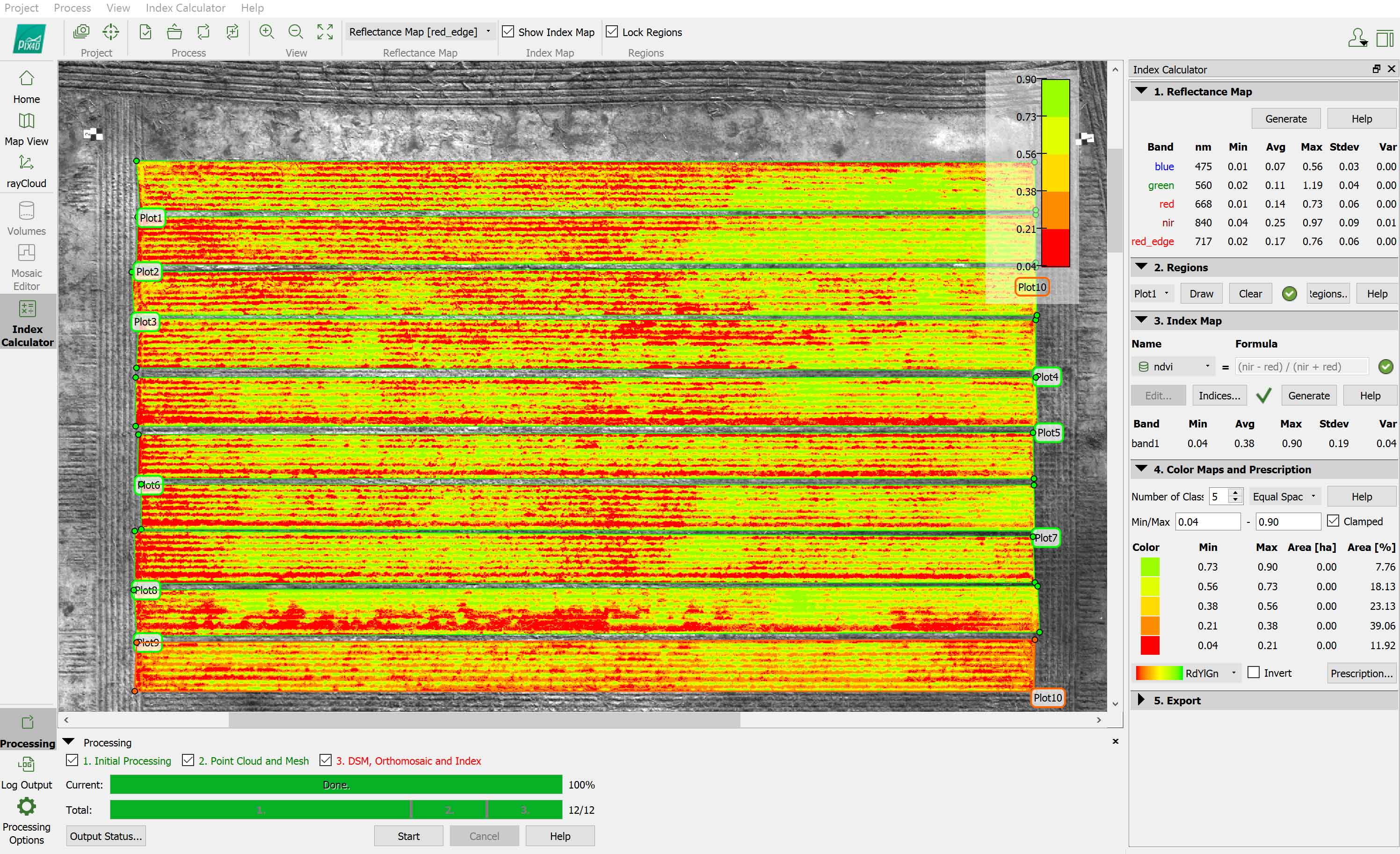 Screenshot of Pix4D software with a section of the mapped plots.