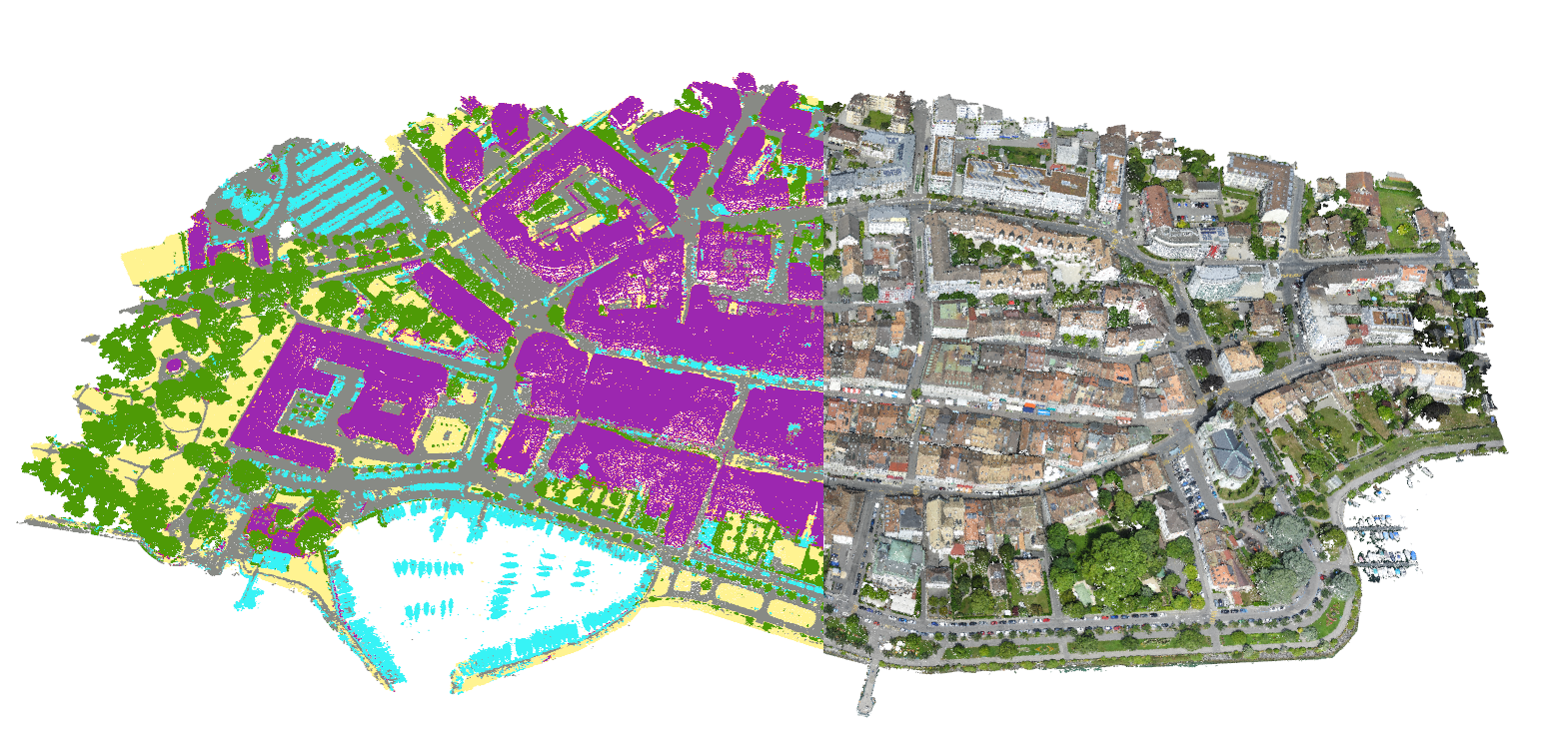an image showing classifications overlaid on a point cloud. The colours indicate there are buildings, vegetation and human-made objects.