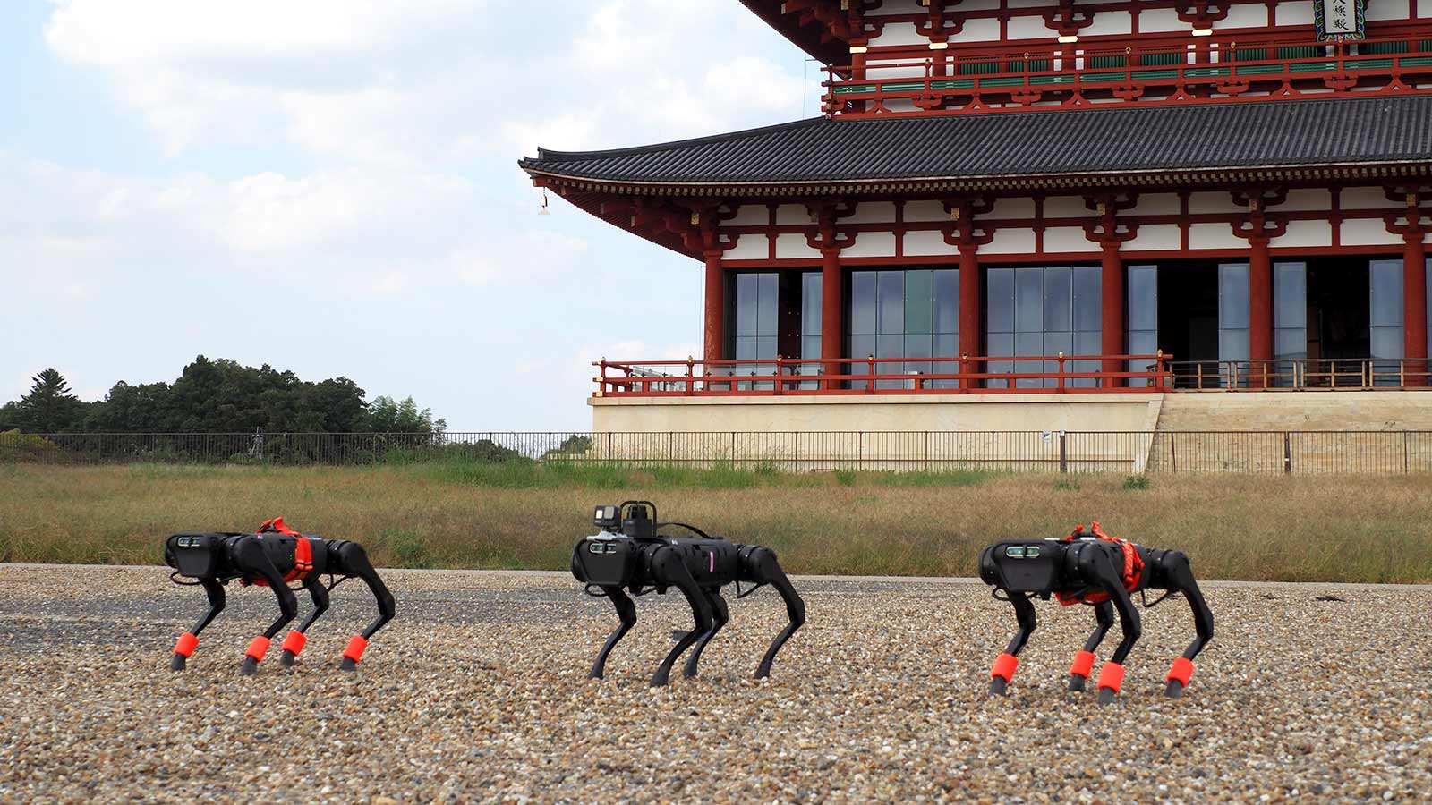 Several quadruped robots in front of a palace