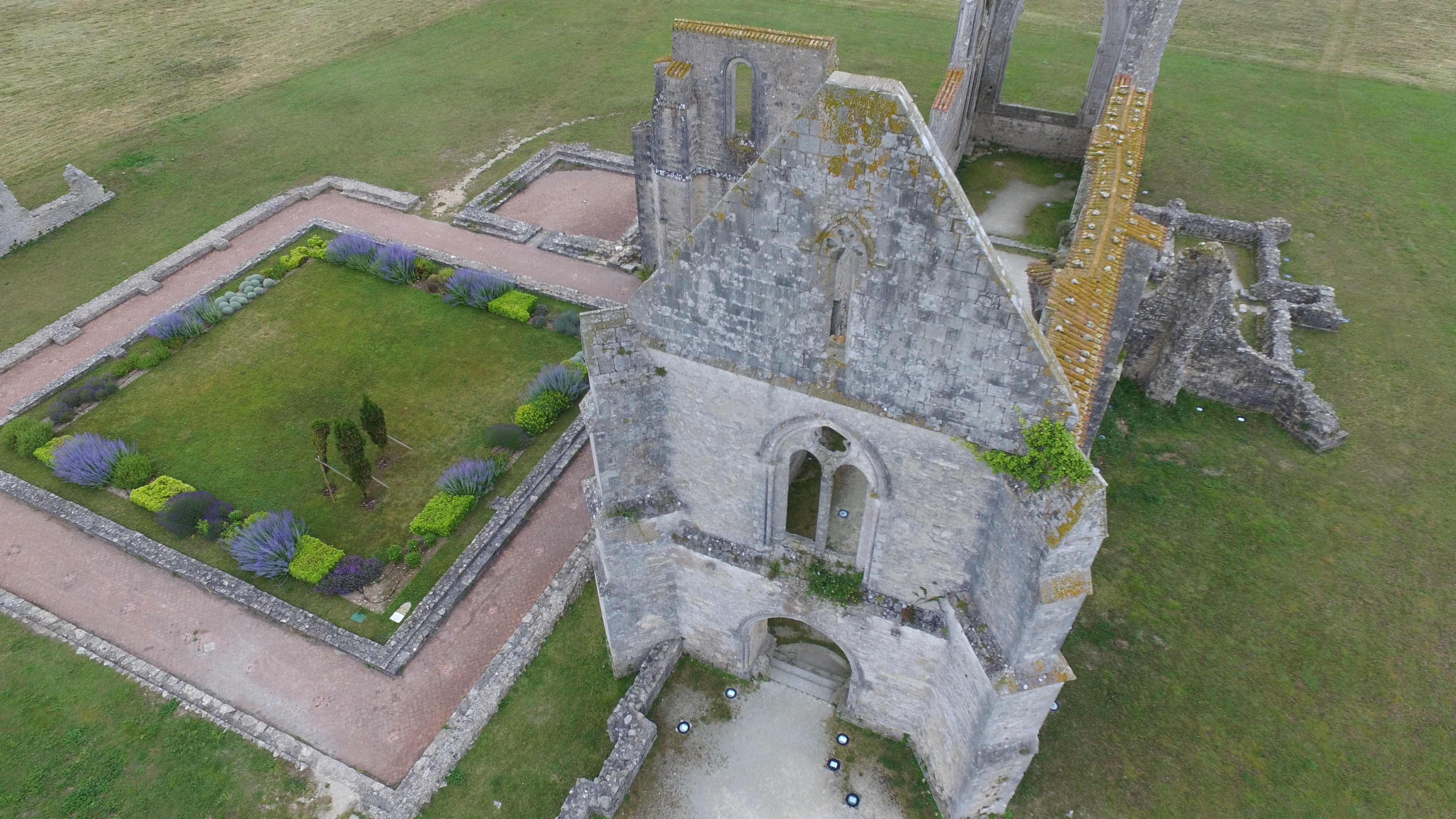 An aerial view of the ruins of the Abbey of Chatelier