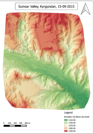 DSM of the Sumsar Valley, Kyrgyzstan, showing the three tailing sites.