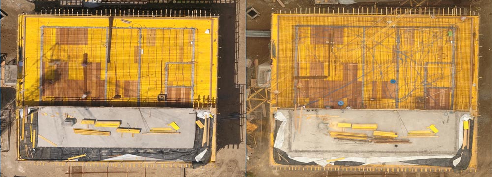 Two orthophotos taken on consecutive days, showing meshing progress before a concrete pour.