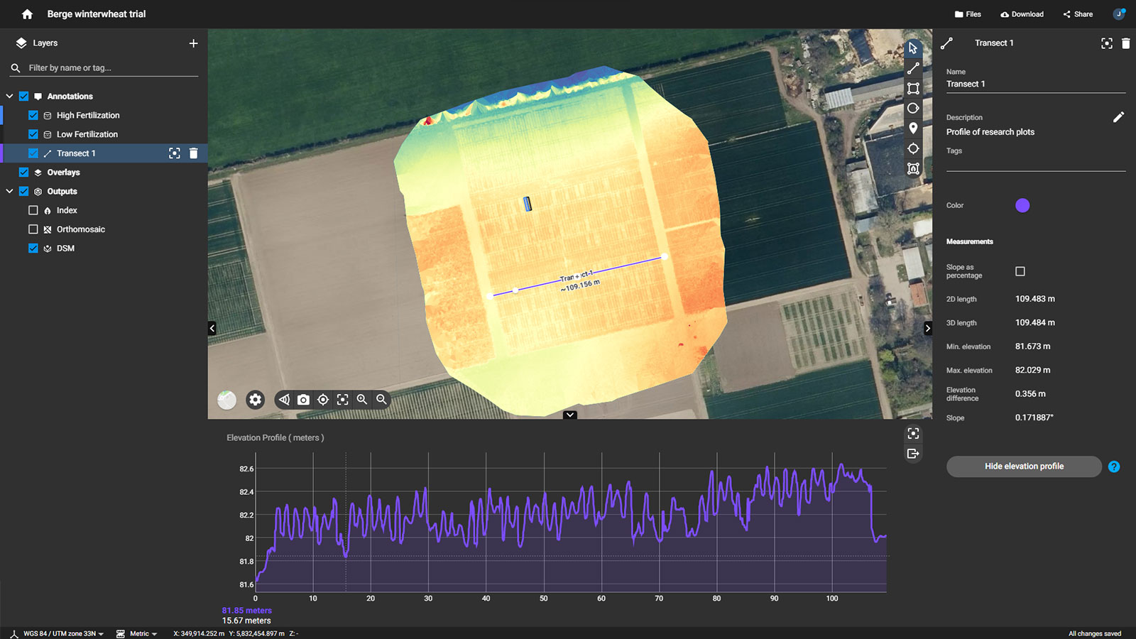 winter wheat trial plot project uploaded on PIX4Dcloud